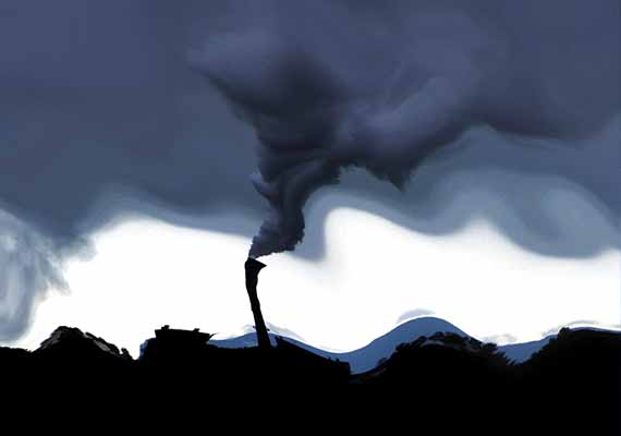 Stylized image of a refinery spewing smoke