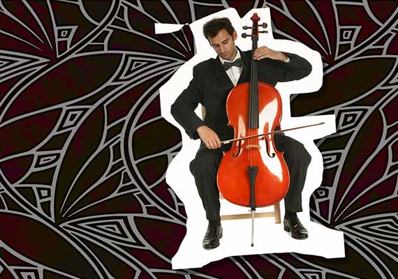 A surrealistic image of a man playing a cello