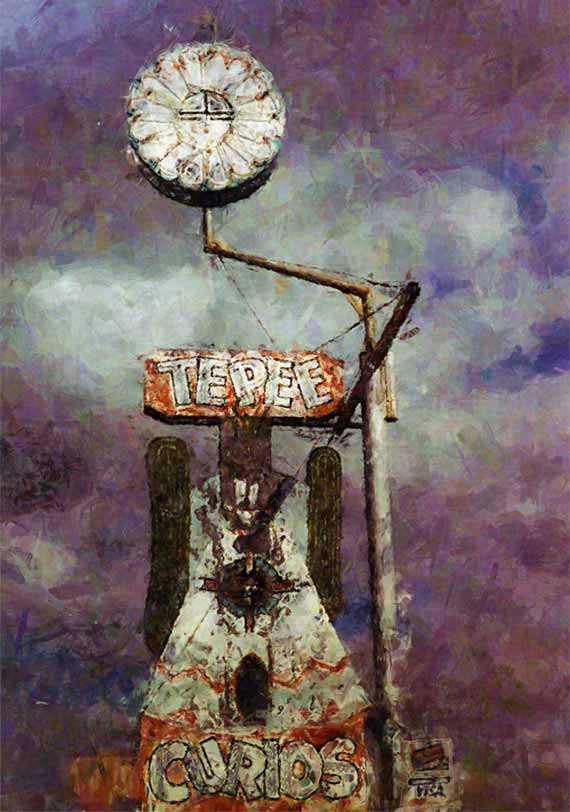 Painting of a decaying motel sign on route 66