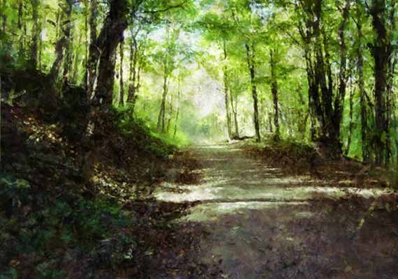 Painting of a road deep in the forest