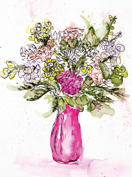 
				   painting of flowers in a magenta base
			