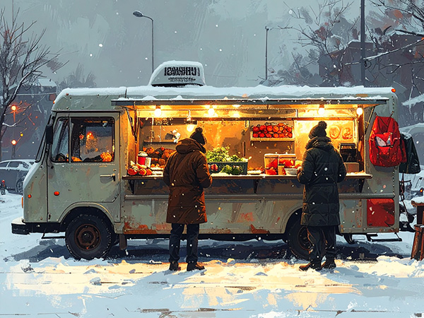 
				   painting of a food truck in winter
			